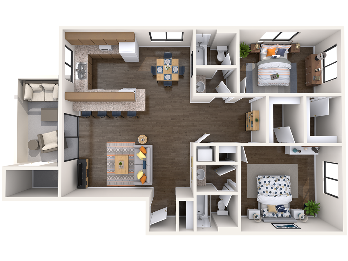 Floor plan for 2 beds, 2 baths, 916 sqft